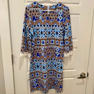 J McLaughlin Brown Blue Geometric Tassel Catalina Shift Dress Size Medium